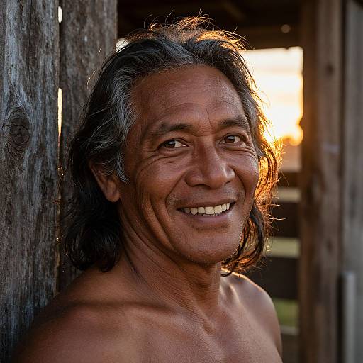 Photograph of a smiling, middle-aged, shirtless man with long gray hair, weathered skin, and warm sunlight behind him, standing against a