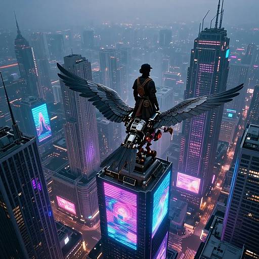 Cyborg with angel wings and motorcycle atop illuminated skyscraper, overlooking neon-lit, foggy cityscape. Digital art, cyberpunk style.