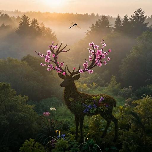 Photograph of a majestic deer with vibrant pink cherry blossoms on its antlers, standing in a misty forest at sunrise, with a bird in