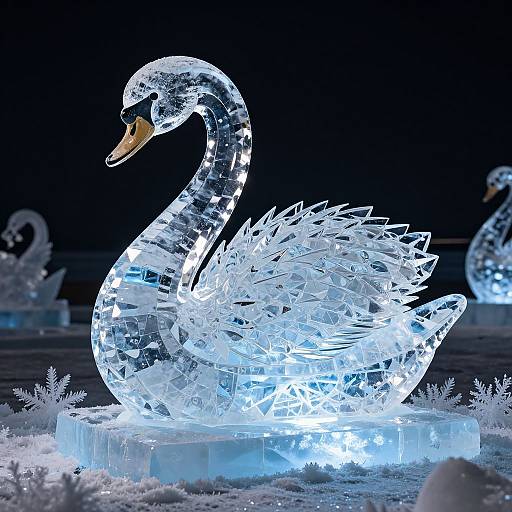 Photograph of a glowing, detailed ice sculpture of a swan with illuminated feathers and beak, set against a dark background.