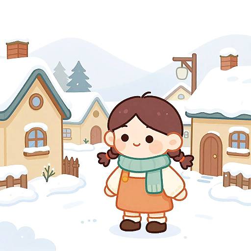 Whimsical Girl in Snowy Village