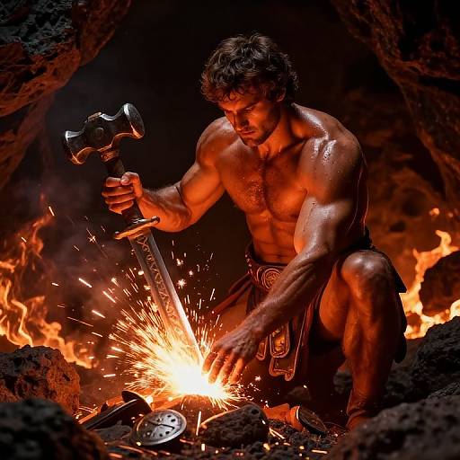 Muscular, shirtless man with brown hair sparks sword on fire in rocky cave, orange flames illuminating his glistening skin. Photorealistic CGI
