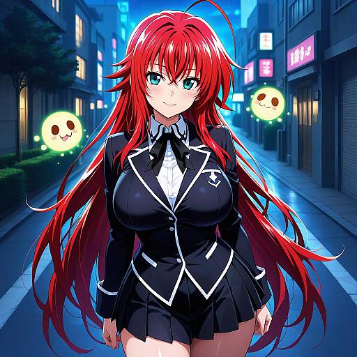 Anime-style digital drawing of a red-haired girl with large breasts in a black school uniform, standing on a neon-lit, deserted street, with glowing