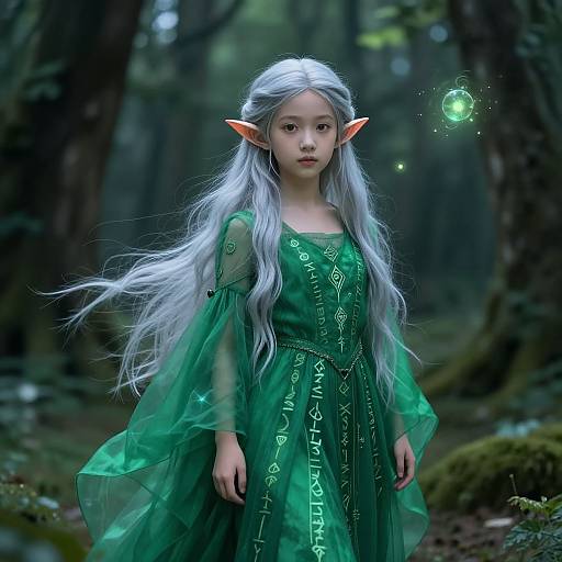 Digital artwork of a young, silver-haired fairy with pointed ears, wearing a green, intricately patterned dress, standing in a mystical forest with a