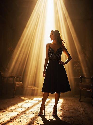 Woman in Elegant Black Evening Dress with Sunlight Rays