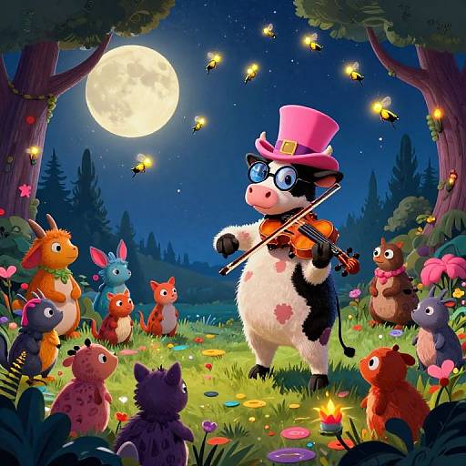 Cartoon cow in top hat and glasses plays violin under full moon in vibrant, starlit forest clearing with colorful animals.