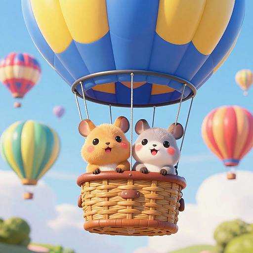 Cute digital illustration: Two fluffy, blushing hamster-like creatures in a wicker basket, flying in a colorful hot air balloon against a bright