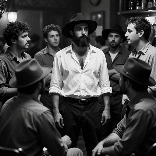 Dynamic Tavern Scene in Classic Black and White