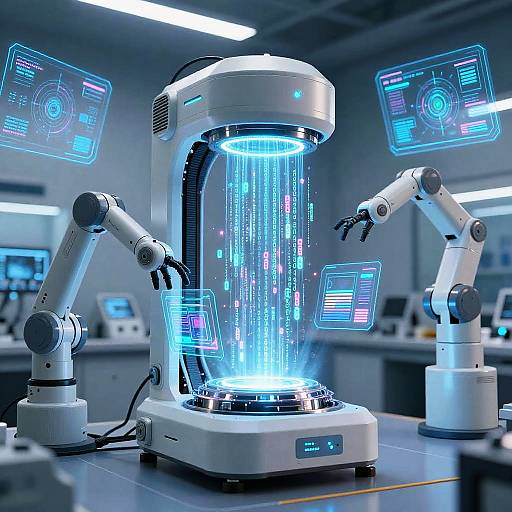 Photograph of a futuristic laboratory featuring a glowing, cylindrical UV light enclosed by robotic arms, with blue holographic screens displaying data.