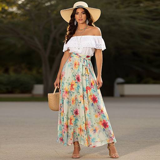 Photograph of a woman in a white off-shoulder blouse, floral maxi skirt, straw hat, and sandals, holding a wicker handbag