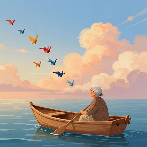 Digital illustration: Elderly woman with white hair in brown robe, rowing wooden boat on calm sea, colorful birds flying overhead, pink and blue sky