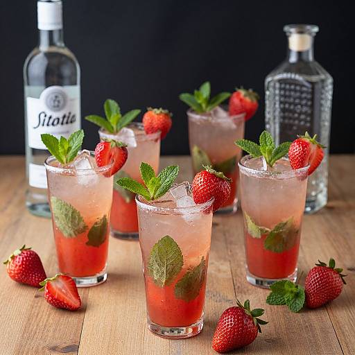 Photograph of five strawberry-infused drinks with mint garnish, strawberries, and ice, on a wooden table, with a bottle of Stolich