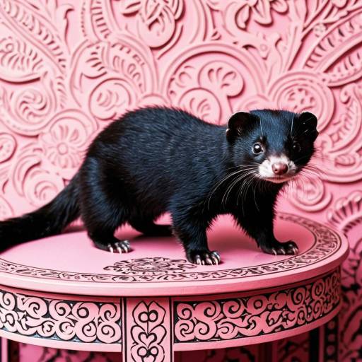Black Ferret on Ornate Pink Table
