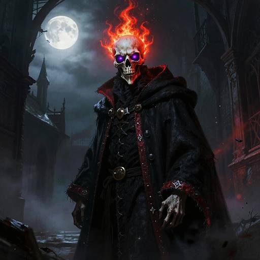 Digital artwork of a skeletal figure with fiery red helmet, purple eyes, dark cloak, standing in a gothic, moonlit cityscape.
