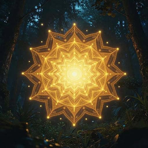 Glowing Golden Mandala in Misty Forest