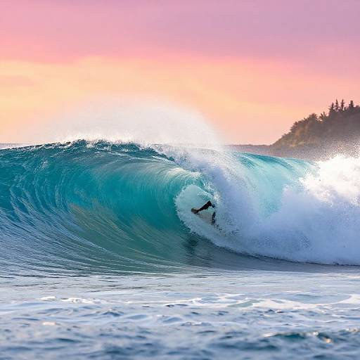 Photograph of a surfer riding a large, turquoise wave at sunset, with a pink and orange sky in the background.