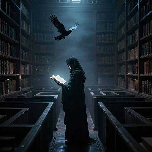 Ethereal Cloaked Figure in Labyrinth Library