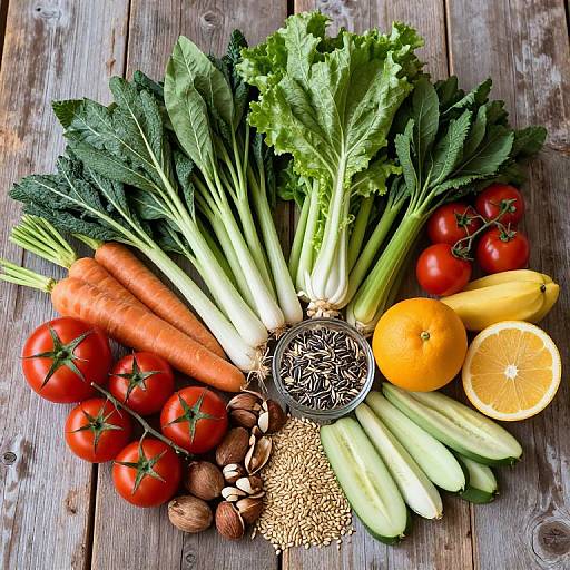 Vibrant photograph of fresh vegetables and fruits: carrots, tomatoes, celery, lettuce, sunflower seeds, almonds, quinoa, lemon, orange