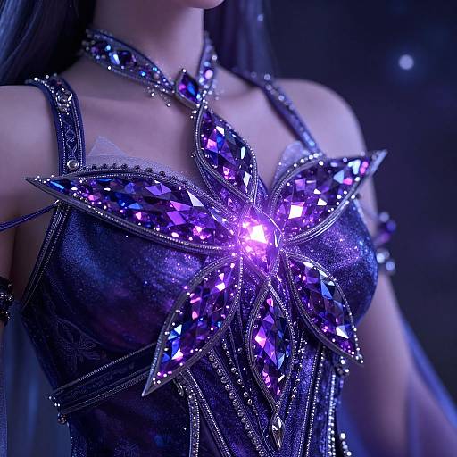 Photograph of a woman wearing a black, sequined dress adorned with large, glittering purple gemstones in a starburst pattern on the chest,
