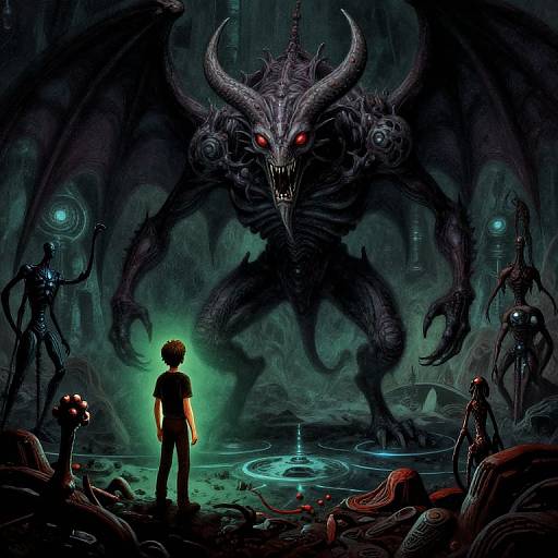 Digital fantasy artwork: Silhouetted human with short hair faces towering, menacing, dark-winged demon with red eyes in eerie, glowing cavern.