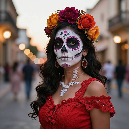 Photograph of a woman with a white sugar skull face, dark wavy hair, red lace dress, orange and red flower crown, and white floral