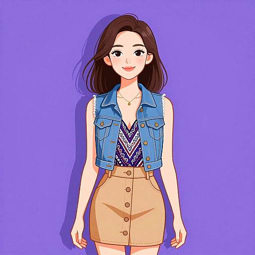 Digital anime-style illustration of a smiling woman with long brown hair, wearing a blue denim vest, patterned top, and beige skirt, against a solid