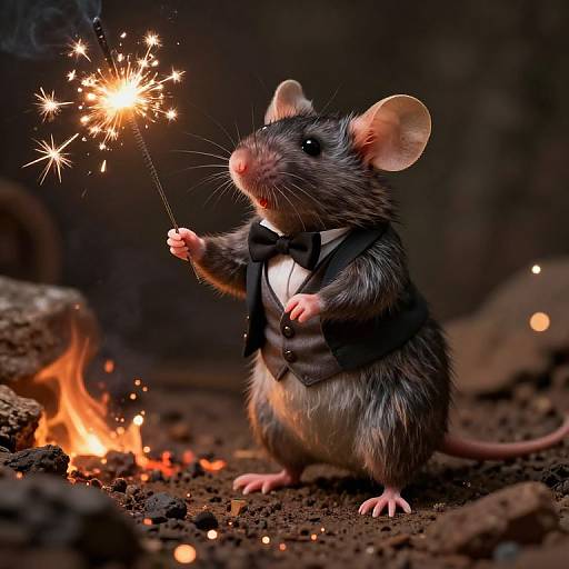 Photograph of a gray mouse in a black tuxedo, holding a sparkler, standing on rocky ground with a small fire. Dark, blurred