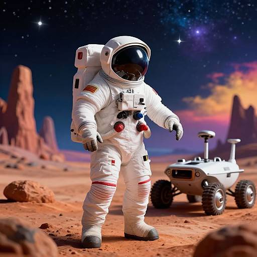 Digital artwork of a lone astronaut in a white spacesuit with an American flag patch, standing on a rocky, starry Martian landscape with a distant rover