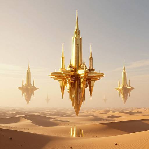 CGI image of three towering, golden, spaceship-like structures floating above a sandy desert at sunset, casting reflections in the sand.