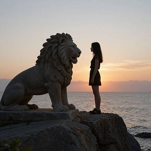 Silhouetted girl in black dress stands before a large stone lion statue at sunset, overlooking a calm ocean. Photograph.