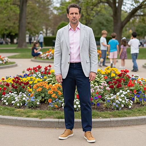 Photograph of a middle-aged man with short dark hair, light gray blazer, pink shirt, navy pants, and tan sneakers, standing in a