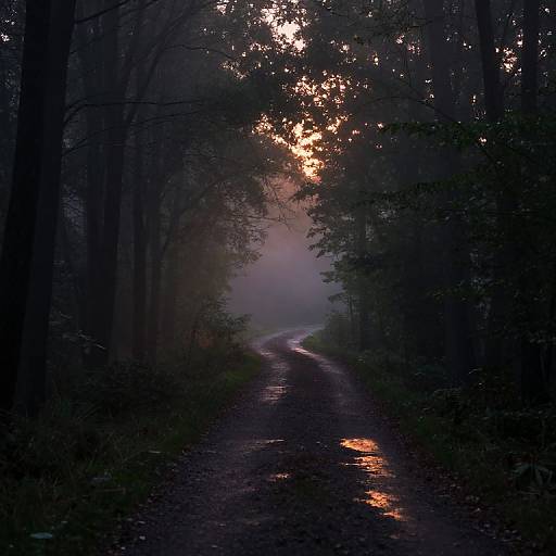 Misty Forest Path at Sunset