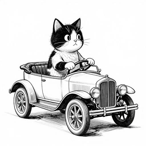 Black and white ink drawing of a curious black and white cat driving a classic vintage car with a determined expression.