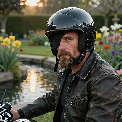 Photograph of a bearded man with a serious expression, wearing a black leather jacket and glossy black helmet, sitting by a garden pond with colorful flowers