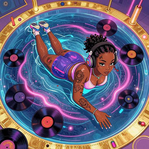 Digital illustration of a tattooed, dark-skinned woman with curly hair, wearing headphones and a neon pink and blue outfit, floating on a glowing,