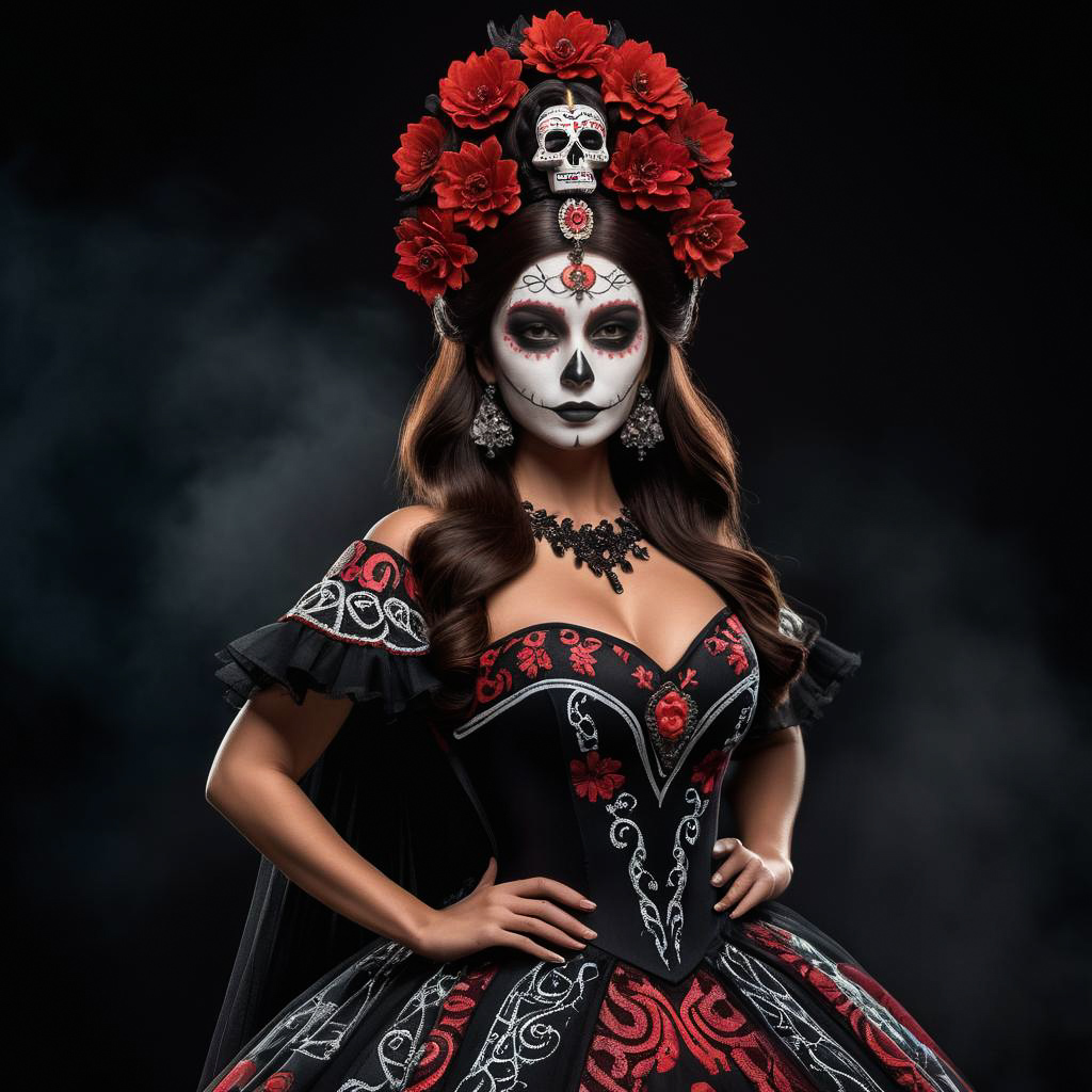 Intense Woman in Elegant Catrina Costume