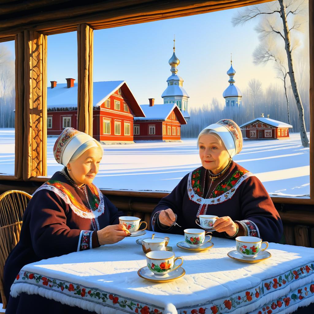 Elderly Women Tea Time in Winter Landscape