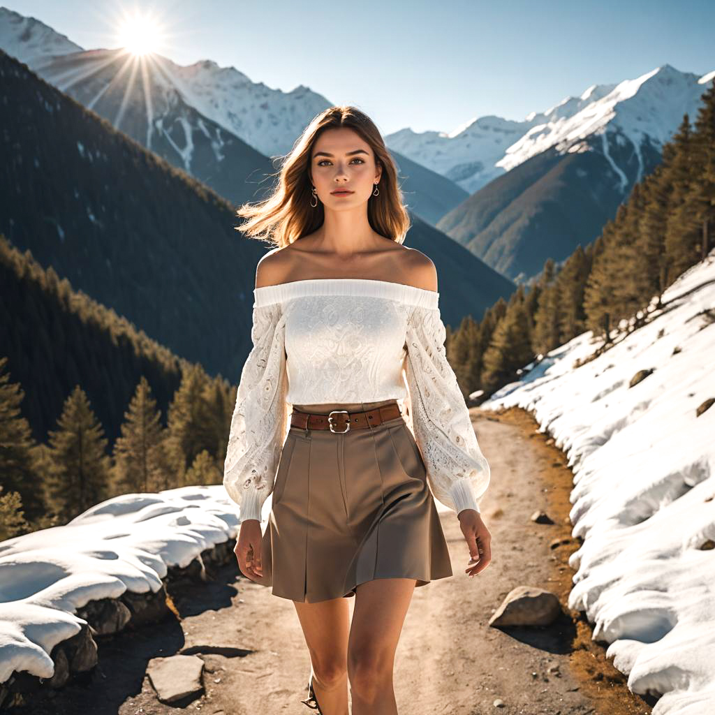 Elegant Fashion Model on Mountain Trail