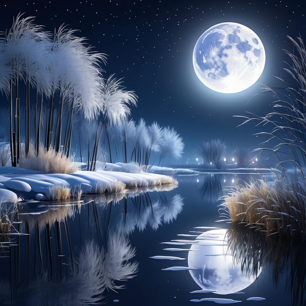 Tranquil Moonlit Riverside in Snowy Evening