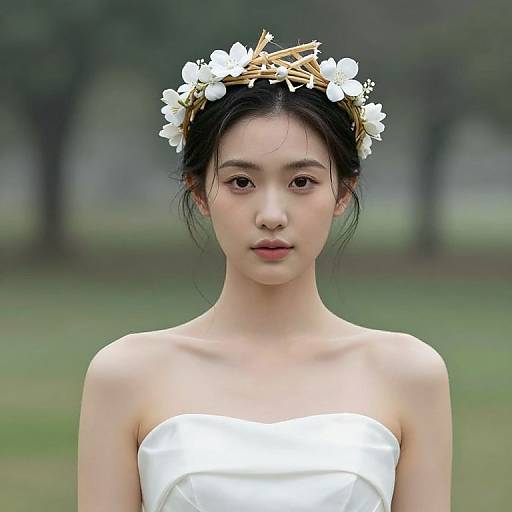 Photograph of an East Asian woman with fair skin, black hair in a bun, white flower crown, wearing a strapless white dress, standing in