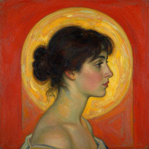 Oil painting of a young woman with fair skin, dark hair in a bun, and a golden halo, against a vibrant red background. Side profile,