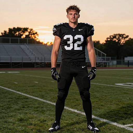 Photograph of a muscular, blonde male football player in black uniform #32, standing on a field at sunset, with stadium seats in background.