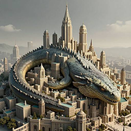 Digital artwork of a massive, silver-scaled dragon coiled around a futuristic, towering cityscape with intricate architecture and spires.