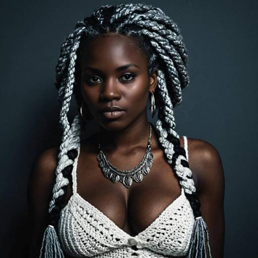Dark-skinned woman with gray crochet braids