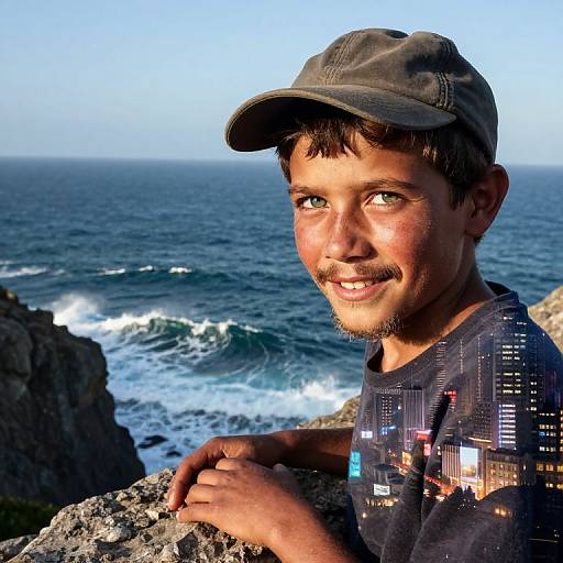 Photograph of a young man with olive skin, short brown hair, and mustache, wearing a gray cap and cityscape-patterned shirt, smiling