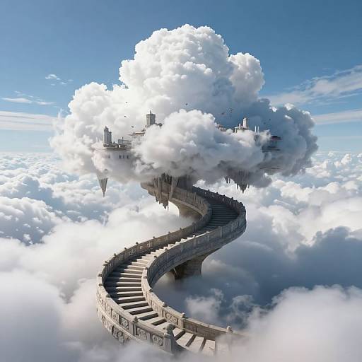 Digital artwork of a winding stone staircase ascending through fluffy white clouds, leading to a cloud-covered tower in a bright blue sky.