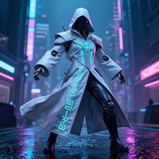 Cyberpunk hooded figure in glowing white trench coat, neon city backdrop, rain, futuristic, neon lights, dark silhouette, digital art.