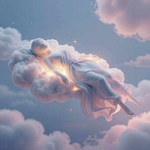 Photograph-like digital art of a serene, white-robed figure floating on a luminous cloud against a pastel blue sky with pink-tinged