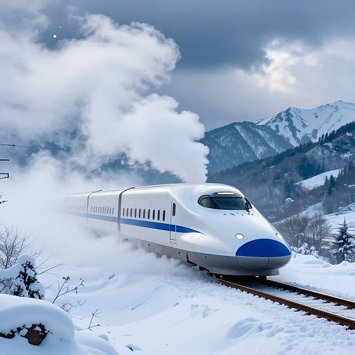 Photograph of a sleek, white and blue high-speed train emitting thick white steam, traveling through a snowy mountain landscape under a cloudy sky.