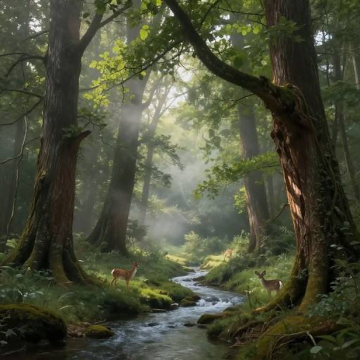Digital painting of a sunlit forest with tall trees, moss-covered trunks, a winding stream, and three deer standing on lush greenery. Sun